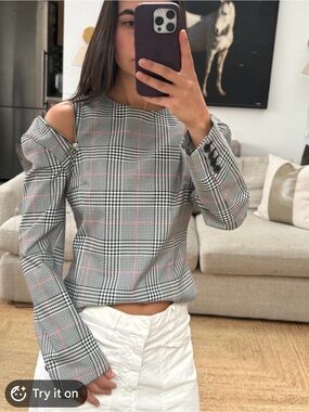 Monse Glen Plaid Cold Zip Shoulder Top Size 0 Black White Made in Italy